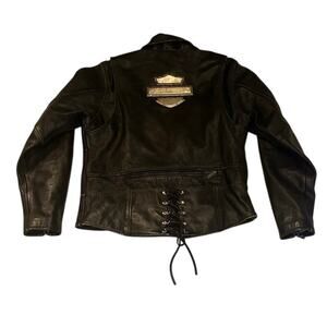 Vintage Harley Davidson Leather Jacket Metal Bar & Shield - Size: L - Black